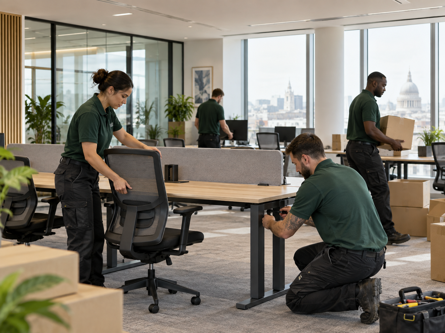 Office installation team assembling desks in a modern workspace