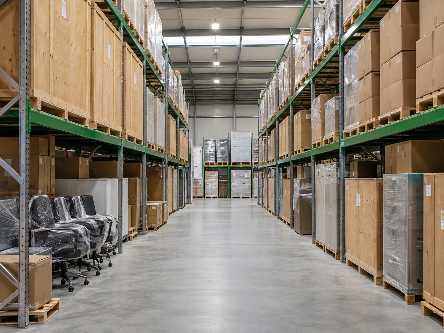 Organised secure warehouse storage for office furniture